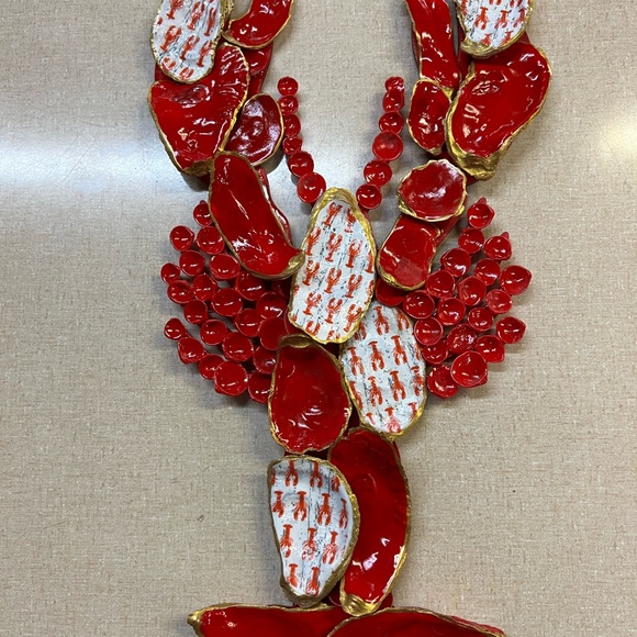 Stunning Red and Gold Oyster Shell Lobster wall hanging